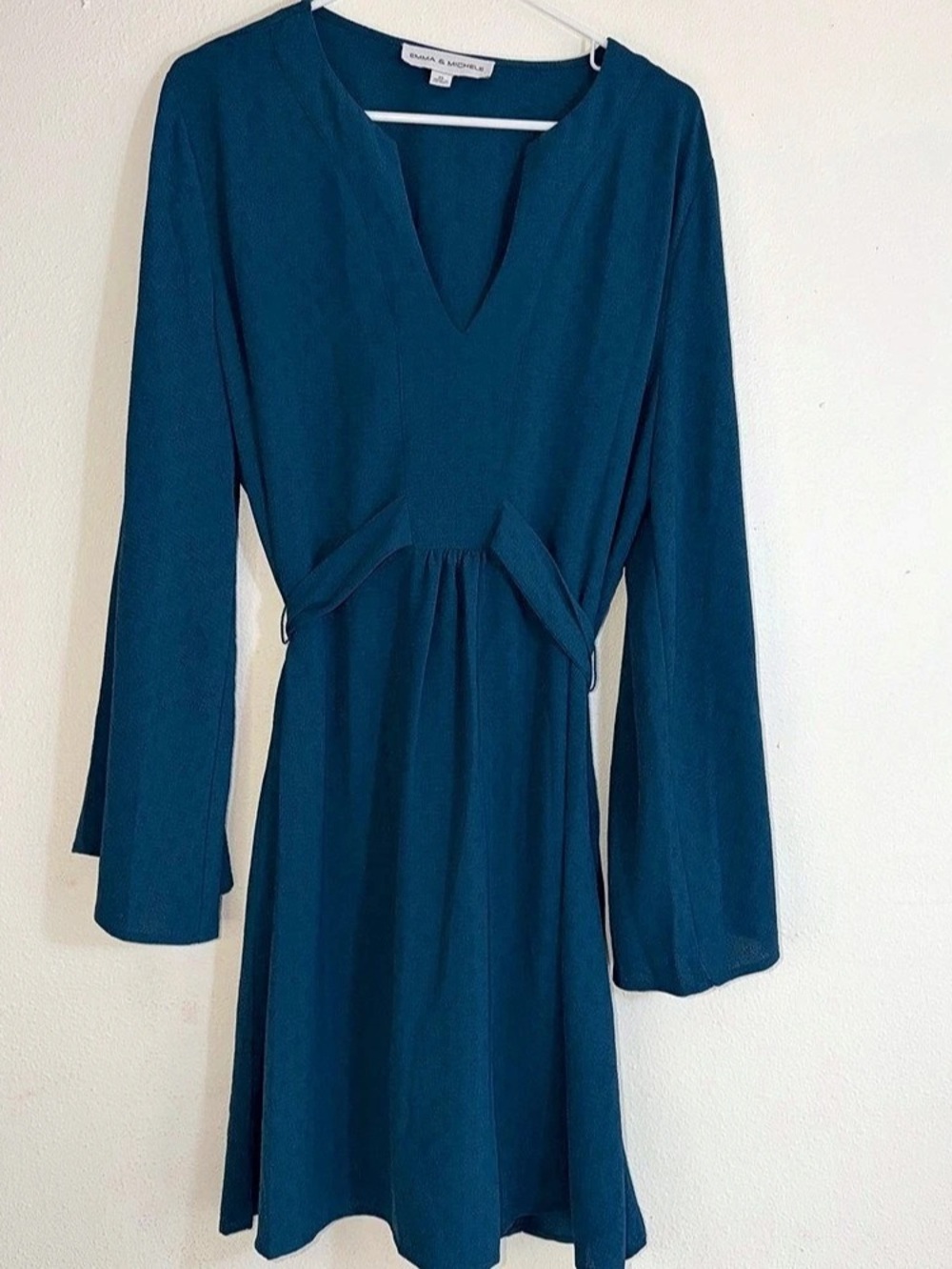 Emma & Michele Blue Tie-Waist Dress, textured print, bell sleeves,  Size XL
